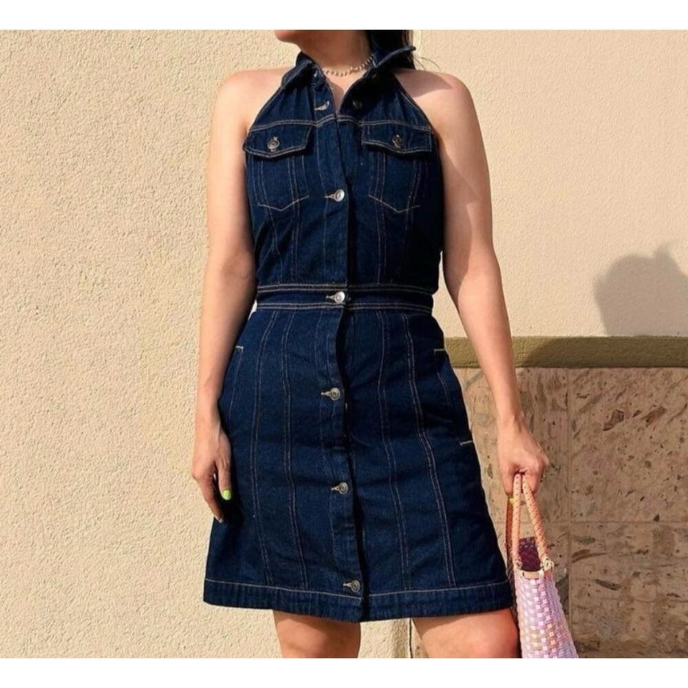 Dark Blue Denim Halter Mini Dress